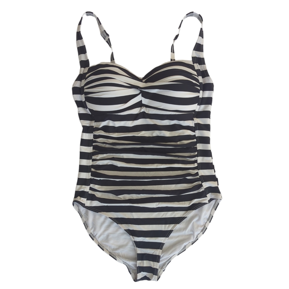 Nip Tuck Swim Stripe Twisted Criss Cross Drape One Piece Swimsuit 8 Black White